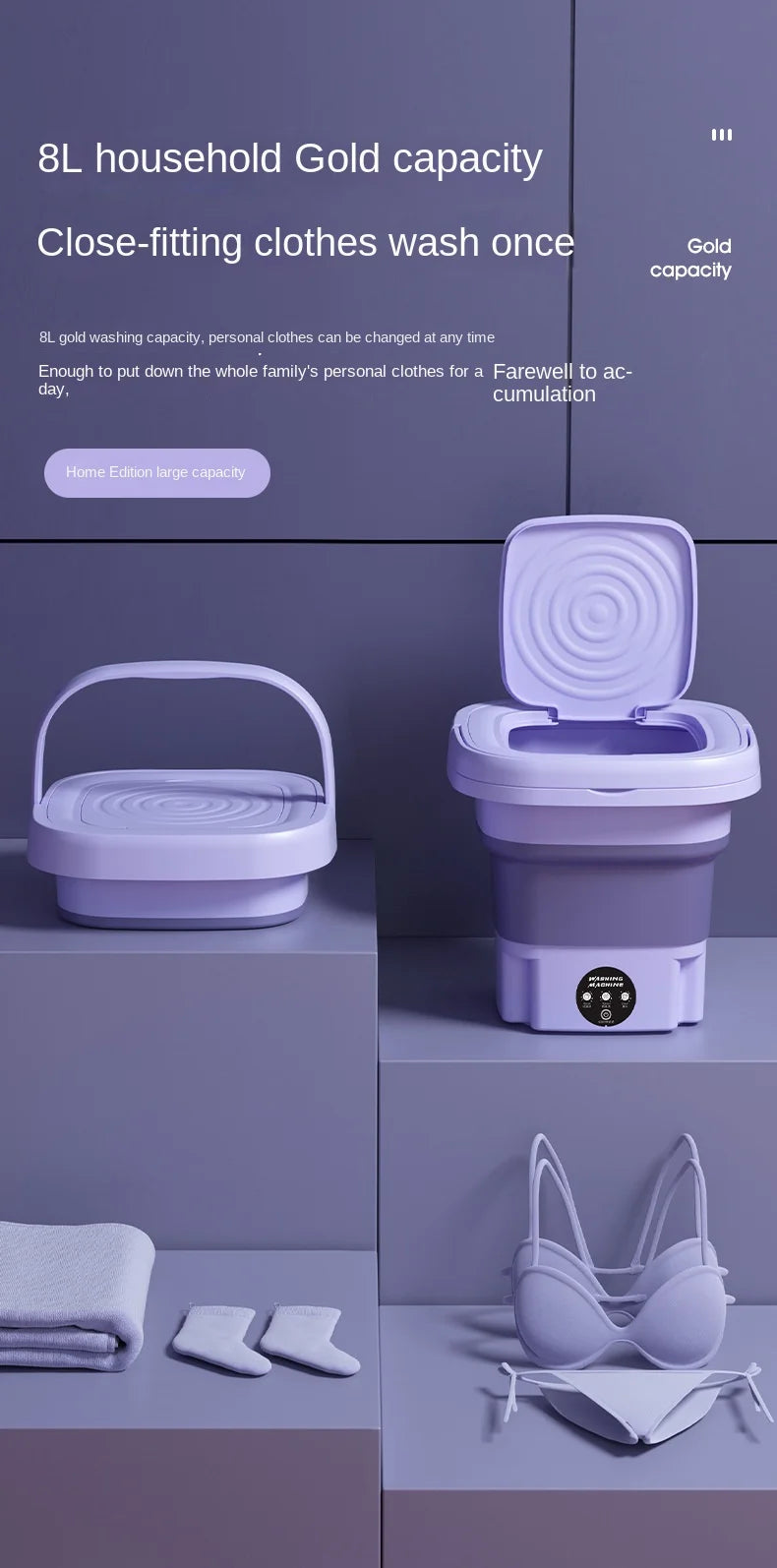 Máquina de lavar roupa pequena dobrável portátil de 8L